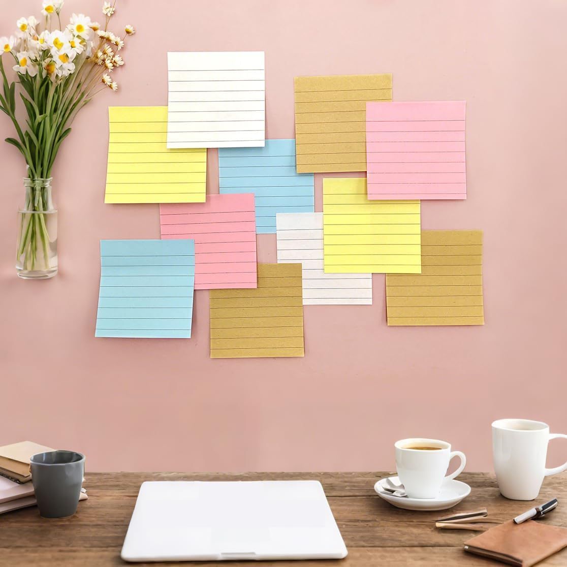 Pink Lined Sticky Notes, 3"x3" Self-Stick Note Pads, 6 Pads, 100 Sheets/Pad, Total 600 Sheet V1258-DP02-E-786