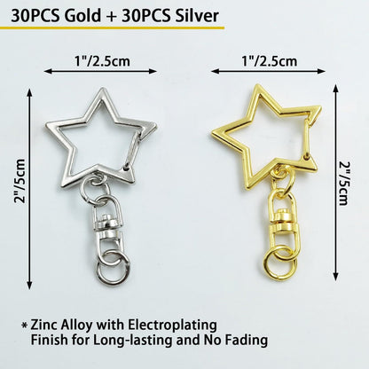 60PCS Star Shaped Keychain, 2 Colors, Metal Hanging Buckle, Spring Snap Hook with Open Jump Ring Connector V1258-DP02-E-788