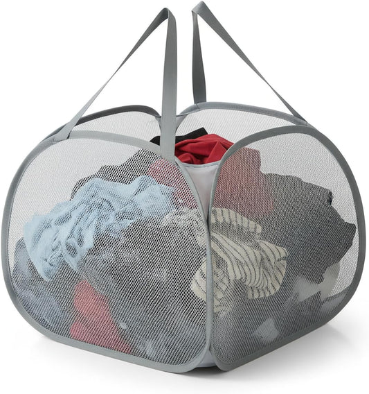 Kimmama Collapsible Mesh Laundry Basket, Foldable Pop Up Laundry Hamper with Side Pocket, Removable Clothes V1258-DP02-E-80