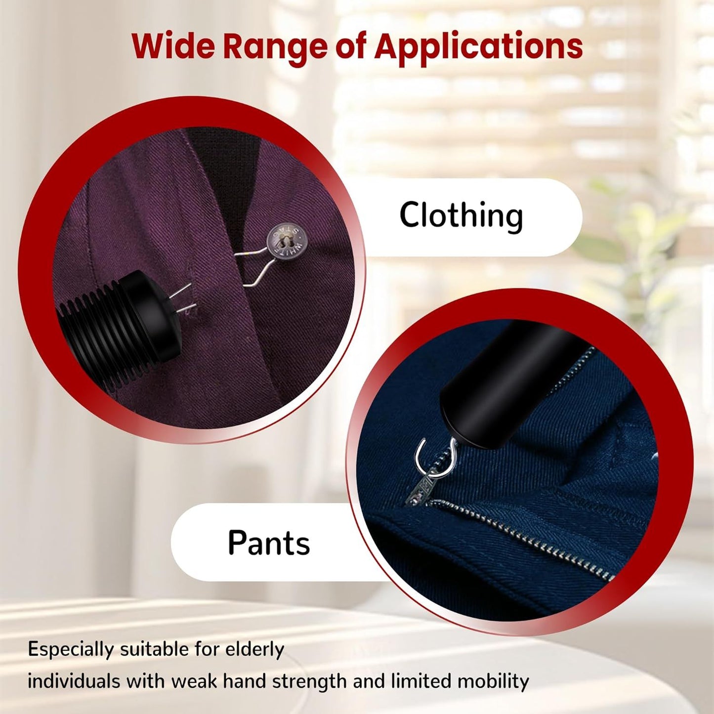 Button Hook with Zipper Pull, Button Assist Tool, Button Hook for Seniors, Disabled, Limited Hand Mobility, V1258-DP02-E-803