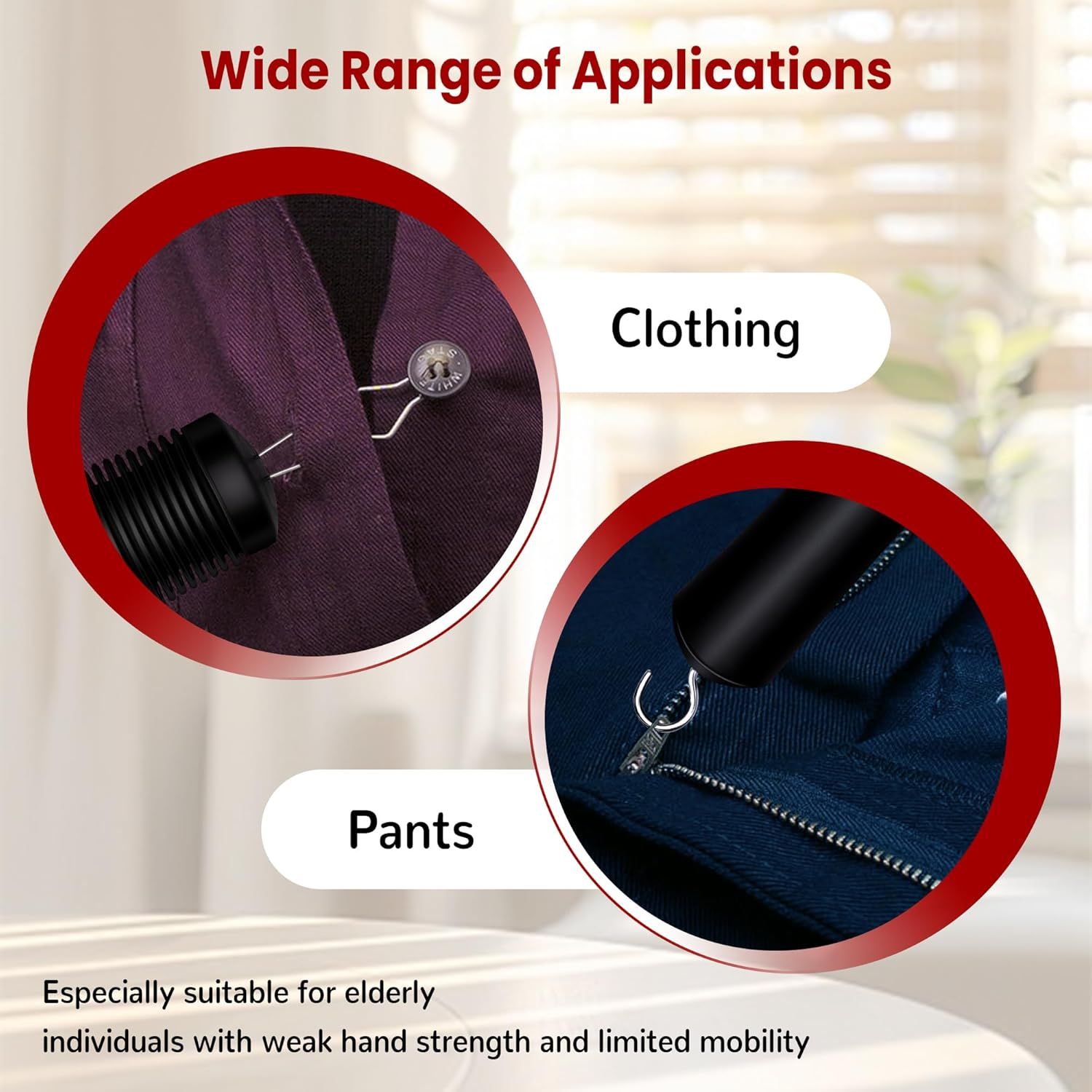 Button Hook with Zipper Pull, Button Assist Tool, Button Hook for Seniors, Disabled, Limited Hand Mobility, V1258-DP02-E-803