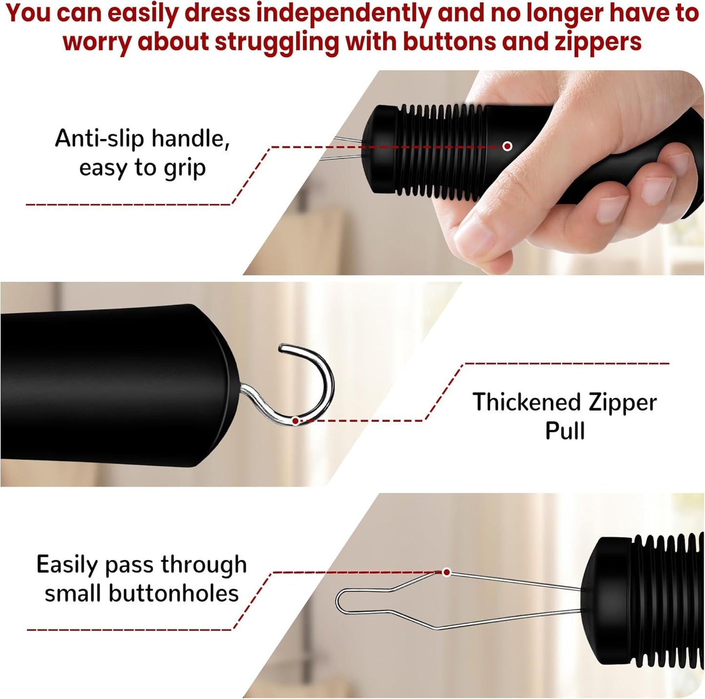 Button Hook with Zipper Pull, Button Assist Tool, Button Hook for Seniors, Disabled, Limited Hand Mobility, V1258-DP02-E-803