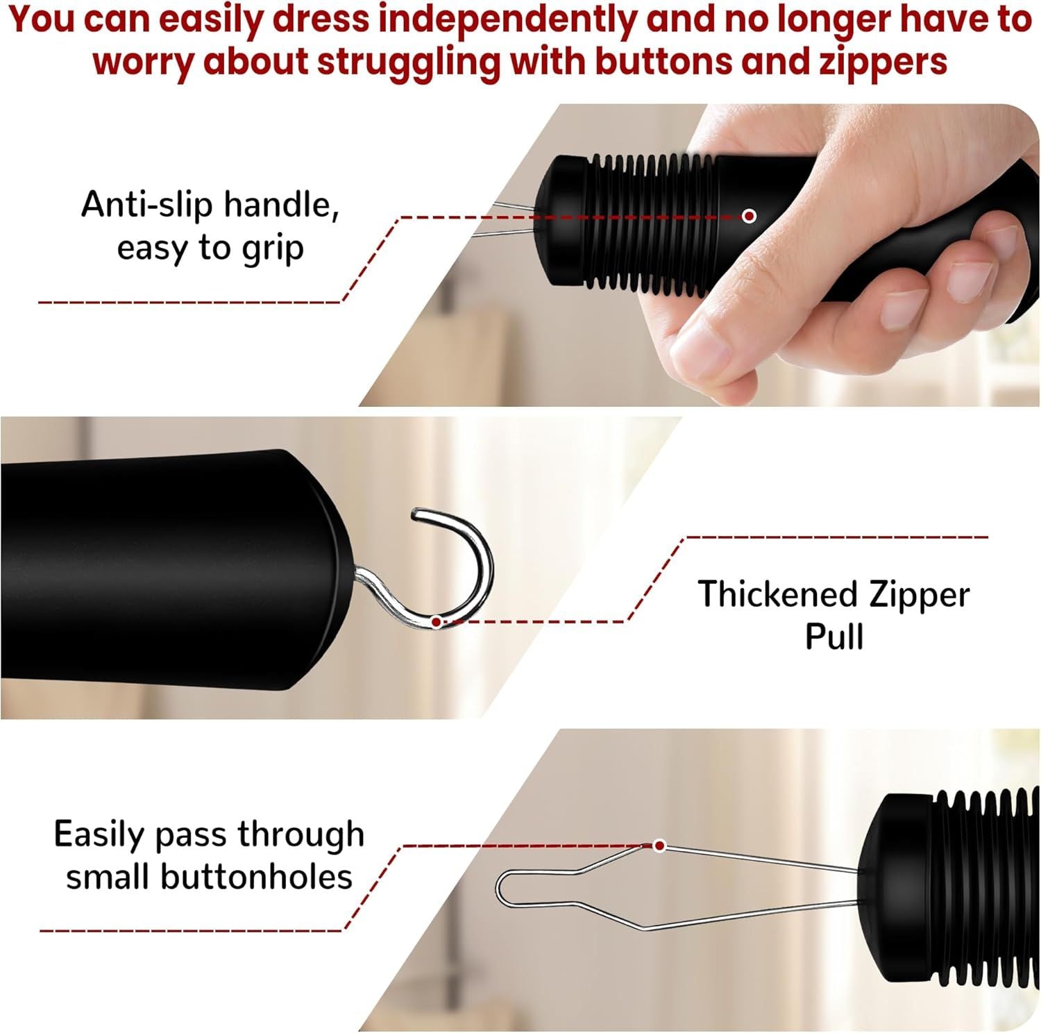 Button Hook with Zipper Pull, Button Assist Tool, Button Hook for Seniors, Disabled, Limited Hand Mobility, V1258-DP02-E-803