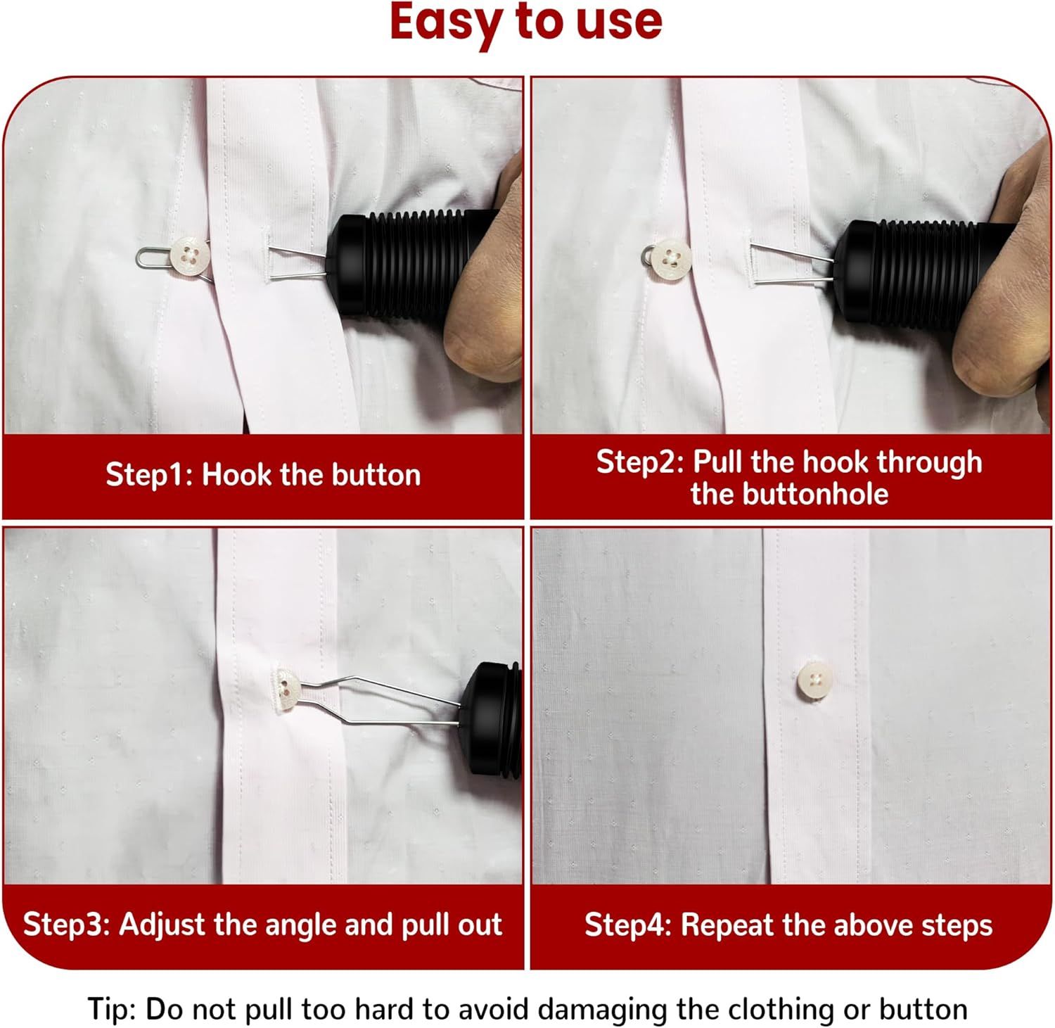 Button Hook with Zipper Pull, Button Assist Tool, Button Hook for Seniors, Disabled, Limited Hand Mobility, V1258-DP02-E-803