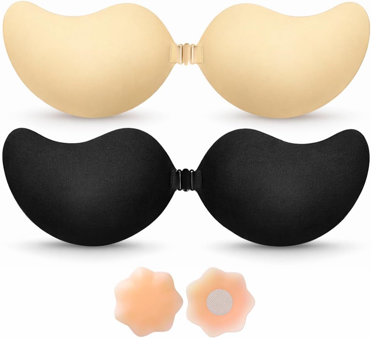 Sticky Bra Push Up - Backless, 2 Pair Invisible Adhesive Strapless Bra with Clip - A-D Cup V1258-DP02-E-811