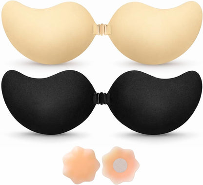 Sticky Bra Push Up - Backless, 2 Pair Invisible Adhesive Strapless Bra with Clip - A-D Cup V1258-DP02-E-811
