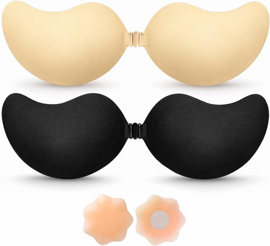 Sticky Bra Push Up - Backless, 2 Pair Invisible Adhesive Strapless Bra with Clip - A-D Cup V1258-DP02-E-811