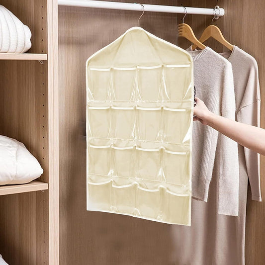 Beige Hanging Storage Bag for Closets, Portable 16 Pockets Hanging Organizer for Socks, Bras and Underwear, V1258-DP02-E-822