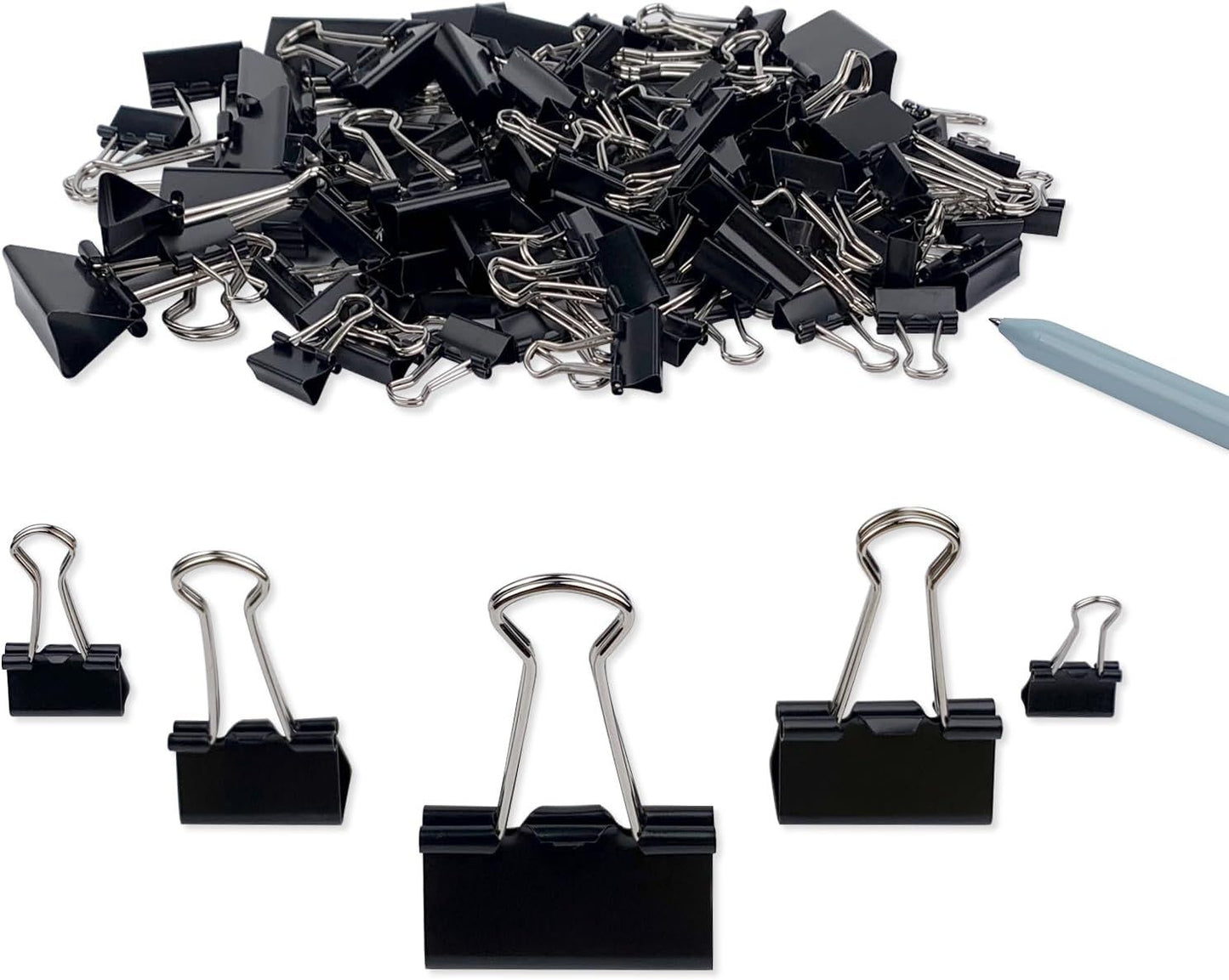 Binder Clips Paper Clamps Assorted Sizes 150 Count (Black), Large, Medium, Small, X Small and Micro, 5 Sizes V1258-DP02-E-834