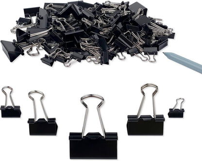 Binder Clips Paper Clamps Assorted Sizes 150 Count (Black), Large, Medium, Small, X Small and Micro, 5 Sizes V1258-DP02-E-834