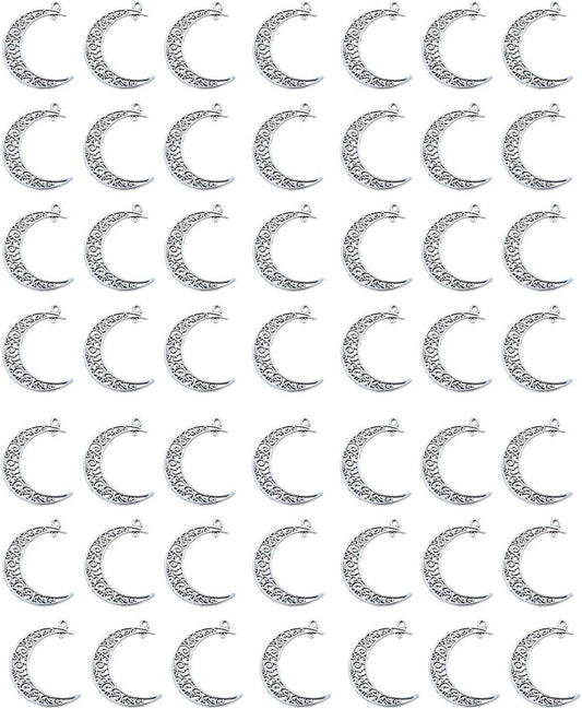 Yansanido Alloy Pack of 50 Moon Shape Silver Charms Pendants for Making Bracelet and Necklace (Moon 50pcs V1258-DP02-E-93