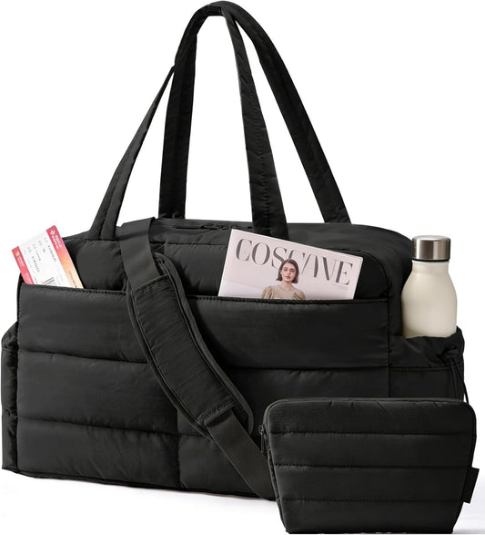 Gym Bag for Women, Lightweight Puffer Duffle Bag 2-PC Travel Bag, 31L Weekender Overnight Bag Quilted Carry V1258-DP02-F-10