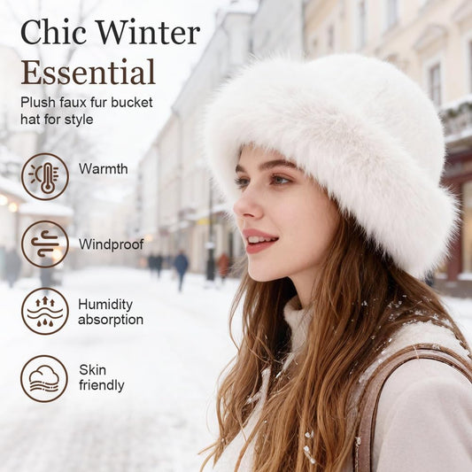 Womens Winter Faux Fur Bucket Hat, Thick Fluffy Fisherman, Winter Warmer Cap for Women V1258-DP02-F-13