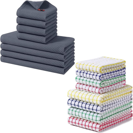 Homaxy 100% Cotton Kitchen Towels and Dishcloths Set(12 x 12 Inches and 13 x 28 Inches, 8 Pack, Dark Grey), V1258-DP02-F-136
