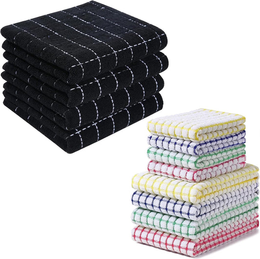 Homaxy 100% Cotton Terry Kitchen Towels(13 x 28 inches, 4 Pack, Black), Kitchen Towels and Dishcloths Set (16 V1258-DP02-F-138