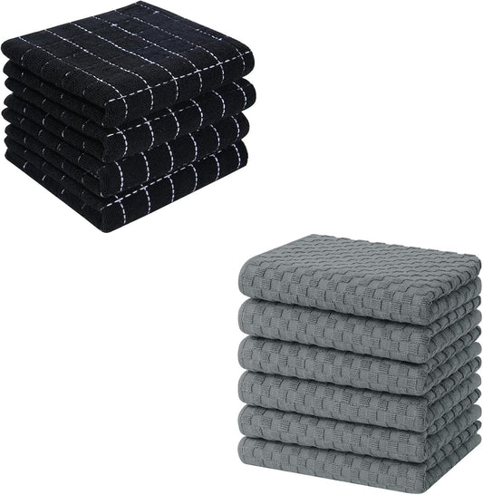 Homaxy 100% Cotton Terry Kitchen Towels(Black, 13 x 28 inches, 4 Pack), Checkered Designed, Soft and Super V1258-DP02-F-144