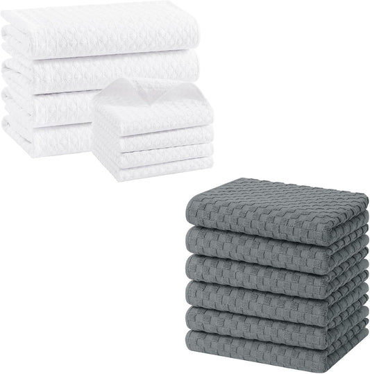 Homaxy Microfiber Waffle Weave Kitchen Towels Set(16 x 28 Inches and 12 X 12 Inches, 8 Pack, White) and Terry V1258-DP02-F-148