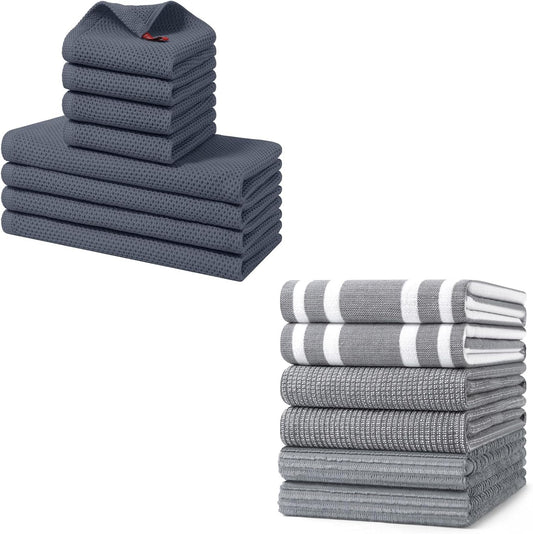 Homaxy Dishcloths Set, 12 x 12 Inches and 13 x 28 Inches, Set of 8 Bulk Kitchen Towels Set, Dark Grey and V1258-DP02-F-154