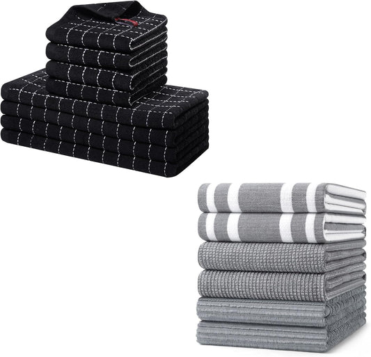 Homaxy Dishcloths Set, 12 x 12 and 13 x 28 Inches, Set of 8 Bulk Cotton Terry Kitchen Towels Set, Black and V1258-DP02-F-155