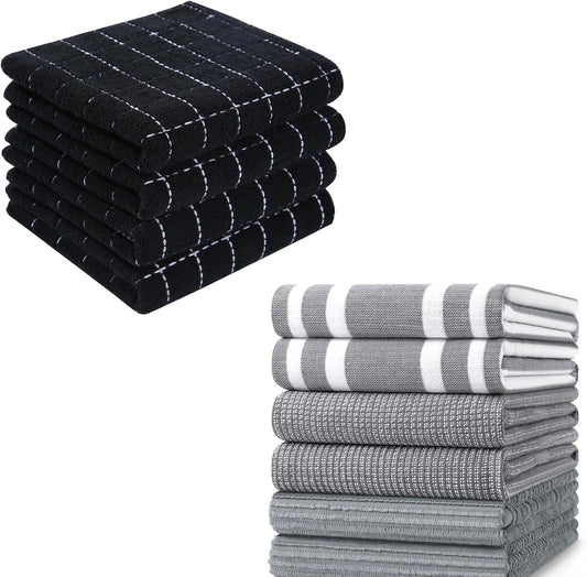 Homaxy 100% Cotton Terry Kitchen Towels(Black, 13 x 28 inches), 4 Pack and Premium Kitchen Towels(18"x 28", 6 V1258-DP02-F-156