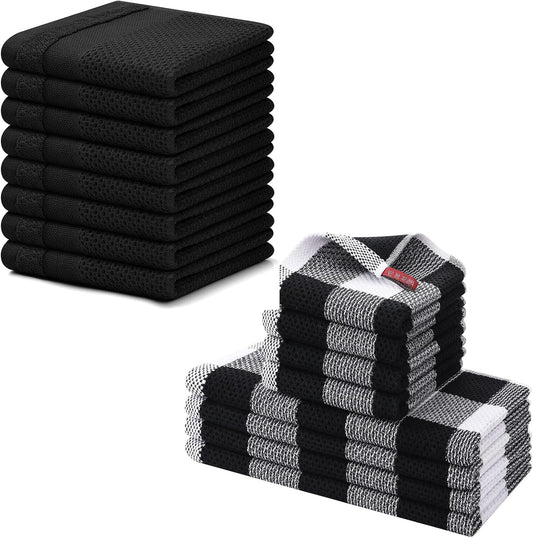 Homaxy 100% Cotton Dish Cloths, 8 Pack - 12 x 12 Inches, Black and Kitchen Towels and Dishcloths Set, 12 x 12 V1258-DP02-F-158