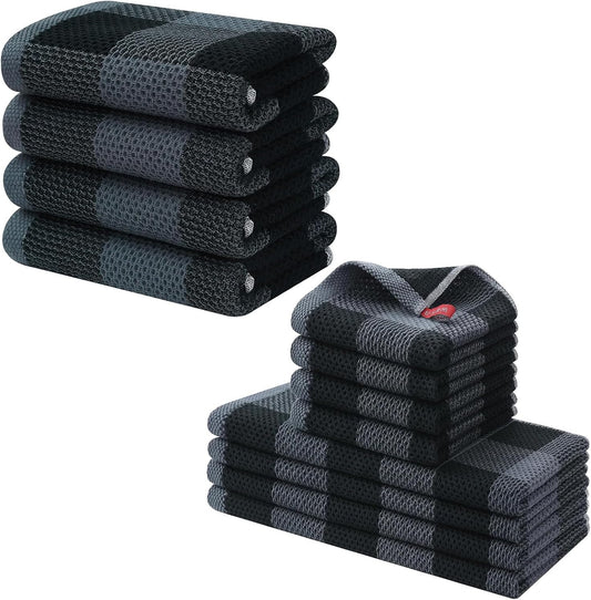 Homaxy 100% Cotton Waffle Weave Check Plaid Kitchen Towels, 13 x 28 Inches, 4-Pack, White & Black and Kitchen V1258-DP02-F-160