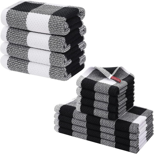 Homaxy 100% Cotton Waffle Weave Check Plaid Kitchen Towels, 13 x 28 Inches, 4-Pack, White & Black and Kitchen V1258-DP02-F-161