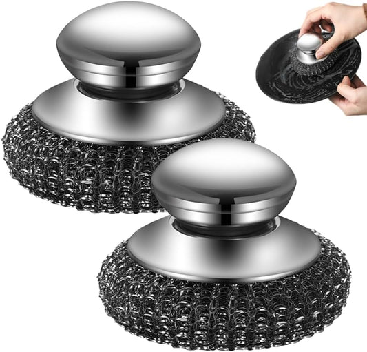 Steel Wool Scrubber with Handle, Upgrade Heavy Duty Stainless Steel Dish Scrubber for Cleaning Dishes, Iron V1258-DP02-F-17