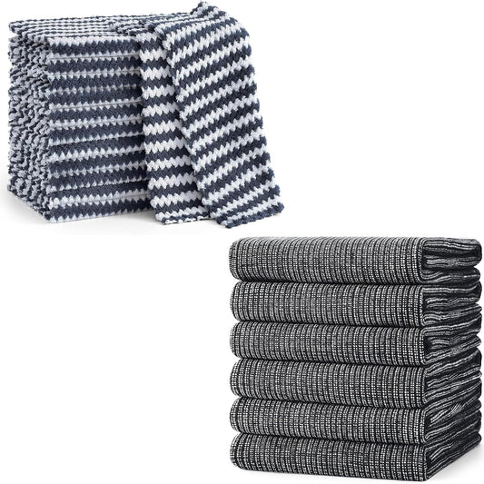 Homaxy 12 Pack Coral Velvet Wave Design Lint Free Kitchen Dish Cloths(10 x 10 inches) and Large Cotton V1258-DP02-F-170