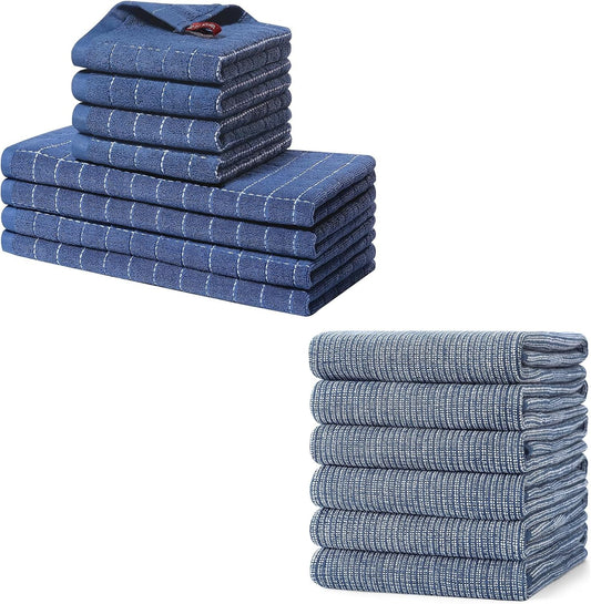 Homaxy Set of 8 Bulk Cotton Terry Kitchen Towels Set, 12 x 12 and 13 x 28 Inches, Checkered Designed and V1258-DP02-F-171