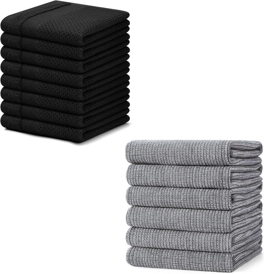 Homaxy 100% Cotton Dish Cloths, 8 Pack - 12 x 12 Inches, Black and Flat and Terry Dish Towels(18"x 28", 6 V1258-DP02-F-174