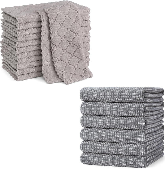 Homaxy 12 Pack Kitchen Dish Cloths (10 x 10 Inches, Grey) and Large Cotton Kitchen Hand Towels(18"x 28", 6 V1258-DP02-F-175