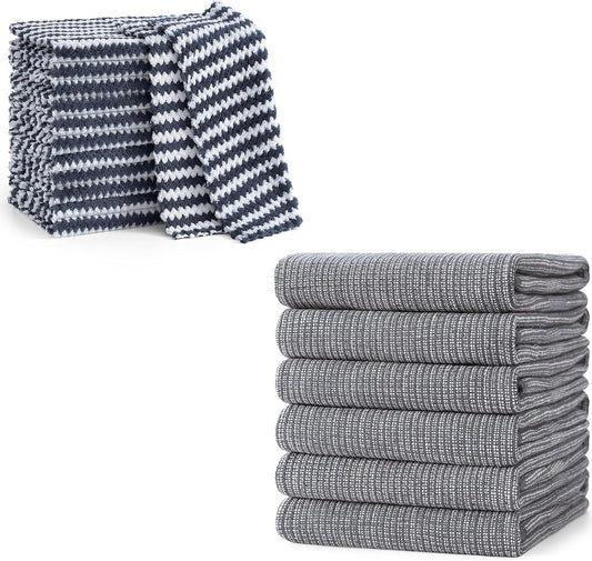 Homaxy 12 Pack Coral Velvet Wave Design Lint Free Kitchen Dish Cloths(10 x 10 inches) and Large Cotton V1258-DP02-F-182