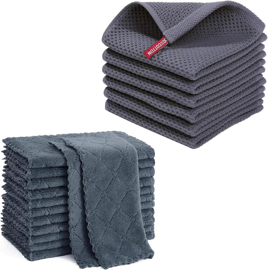 Homaxy 12 Pack Kitchen Coral Velvet Dish Cloths(10 x 10 Inches, Dark Grey) and 100% Cotton Waffle Weave V1258-DP02-F-195