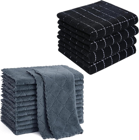 Homaxy Kitchen Towels 16 Pack, 100% Cotton Terry Checkered Black, 13 x 28 inches & 12 Pack Coral Velvet Dish V1258-DP02-F-197
