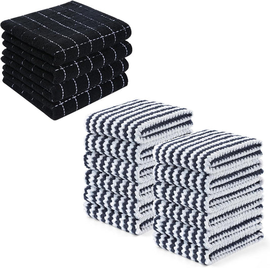 Homaxy 100% Cotton Terry Kitchen Towels(Black, 13 x 28 inches,4 Pack) and Wavy Coral Velvet Kitchen Dish V1258-DP02-F-199