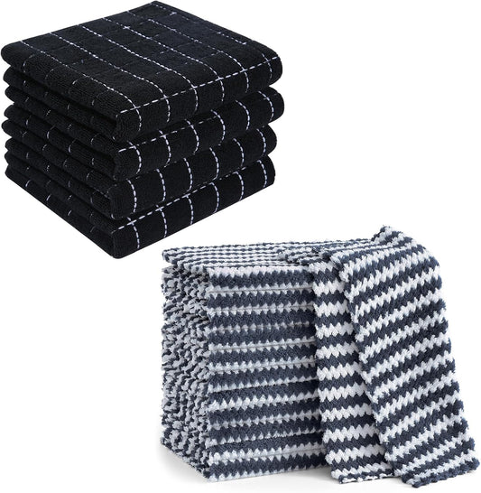 Homaxy 100% Cotton Terry Kitchen Towels(Black, 13 x 28 inches,4 Pack) and Wavy Coral Velvet Kitchen Dish V1258-DP02-F-201