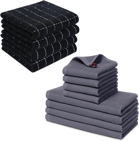 Homaxy 100% Cotton Kitchen Towels and Dishcloths Set(Dark Grey, 8-Pack) and Terry Kitchen Towels(Black, 13 x V1258-DP02-F-202