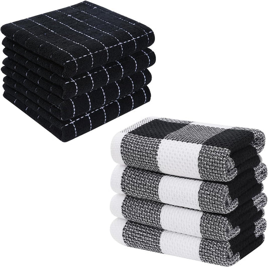 Homaxy 100% Cotton Terry Kitchen Towels and Check Kitchen Towels, 13 x 28 Inches, Set of 8 Super Soft and V1258-DP02-F-203