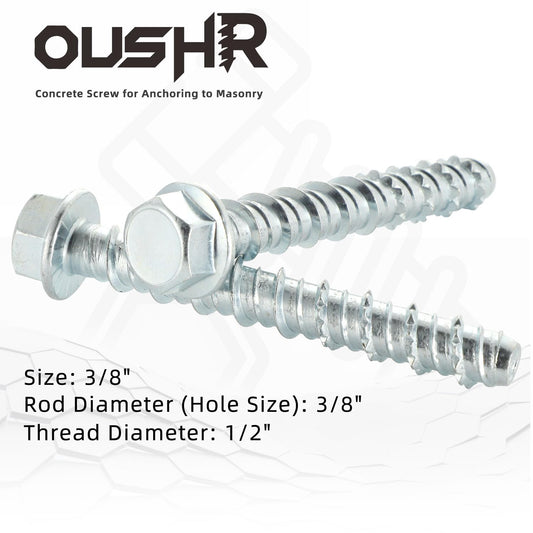 3/8" x 2-1/2" Concrete Screws, Zinc Plated Large Diameter Concrete Screw for Anchoring to Masonry, Concrete, V1258-DP02-F-204