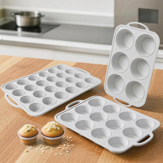 3Pcs Silicone Muffin Pan 6, 12 and 24 Cup with Metal Frame, Non Stick Jumbo Cupcake Pan with Handles, BPA V1258-DP02-F-209