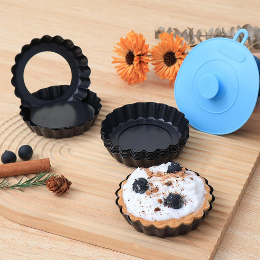 Mini Tart Pans with Removable Bottom 4 inch Set of 10, Non-stick Round Quiche Pan Heavy Duty Carbon Steel for V1258-DP02-F-210