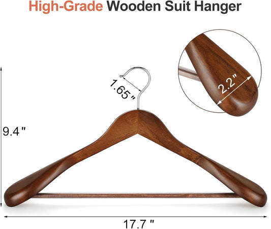 TOPIA HANGER Wide Shoulder Wooden Hangers, Suit Hangers with Non Slip Pants Bar & 360 degrees Swivel Hook, V1258-DP02-F-218