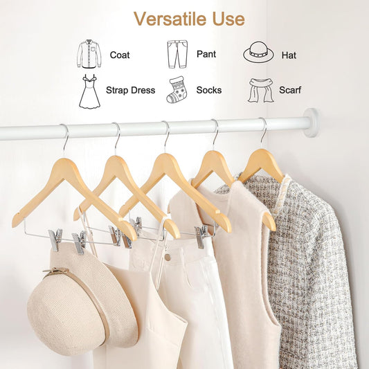 TOPIA HANGER Wooden Hangers with Adjustable Metal Clips and 360 degrees Swivel Hook, Premium Wood Clothes V1258-DP02-F-229