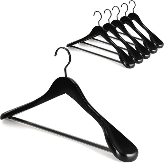 TOPIA HANGER Black Wooden Coat Hanger 6 Pack, Wide Shoulder Wood Suit Hangers with Extra-Thick Flat Hooks & V1258-DP02-F-232