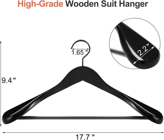TOPIA HANGER Black Wooden Coat Hanger 6 Pack, Wide Shoulder Wood Suit Hangers with Extra-Thick Flat Hooks & V1258-DP02-F-232