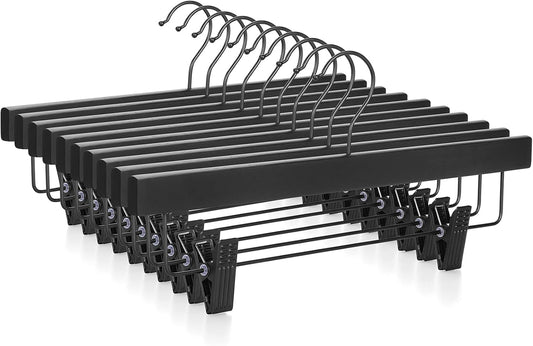 TOPIA HANGER Wooden Pants Hangers 10 Pack, Black Skirt Hangers with Clips and Rotatable Hook, Durable Natural V1258-DP02-F-235