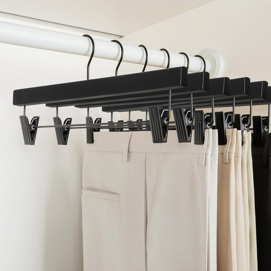 TOPIA HANGER Wooden Pants Hangers 10 Pack, Black Skirt Hangers with Clips and Rotatable Hook, Durable Natural V1258-DP02-F-235