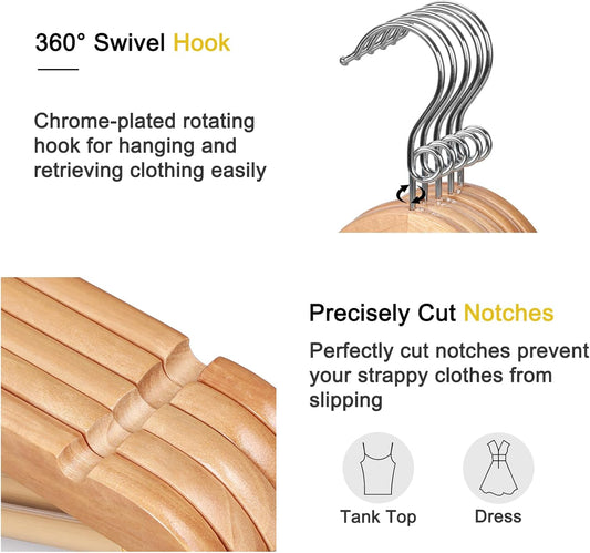 TOPIA HANGER Wooden Hangers 30 Pack, Space Saving Coat Hanger with 360 degrees Swivel Cascading Ring Hook, V1258-DP02-F-239