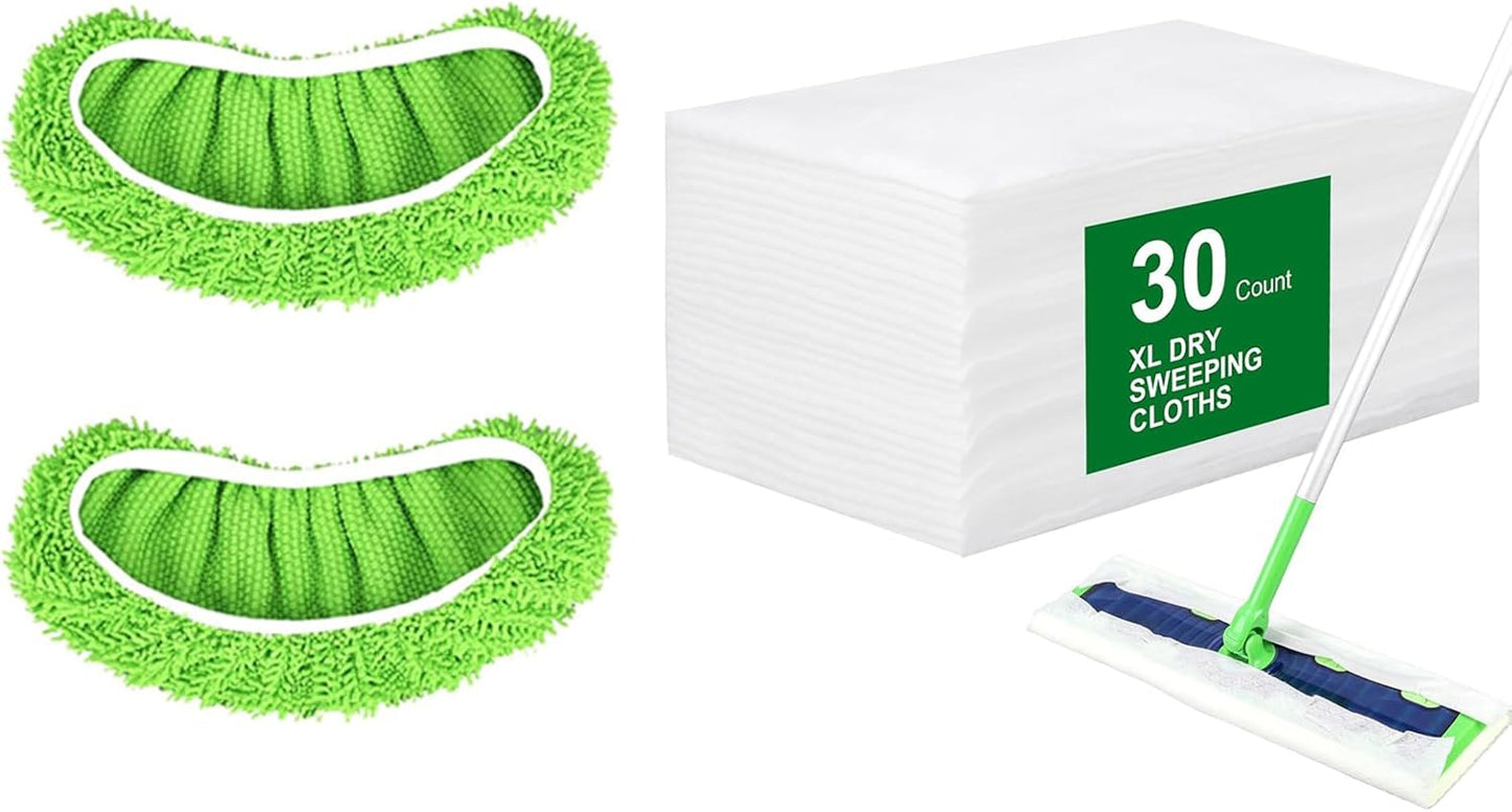 30 Count Disposable XL Dry Sweeping Cloths + 2 Pack Reusable Microfiber Mop Pads for Swiffer Sweeper XL Mop V1258-DP02-F-252